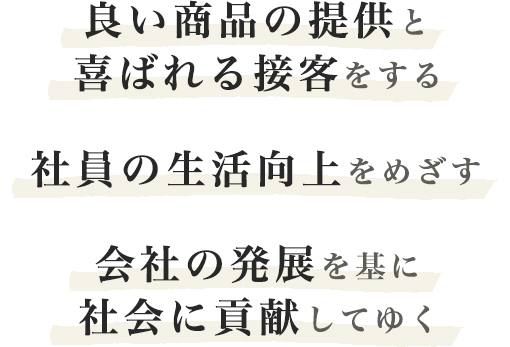 良い商品の提供と喜ばれる接客をする社員の生活向上をめざす会社の発展を基に社会に貢献してゆく