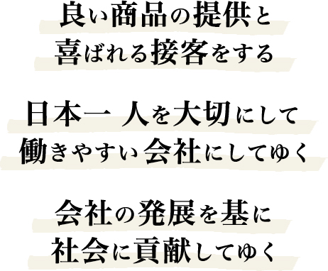 良い商品の提供と喜ばれる接客をする社員の生活向上をめざす会社の発展を基に社会に貢献してゆく